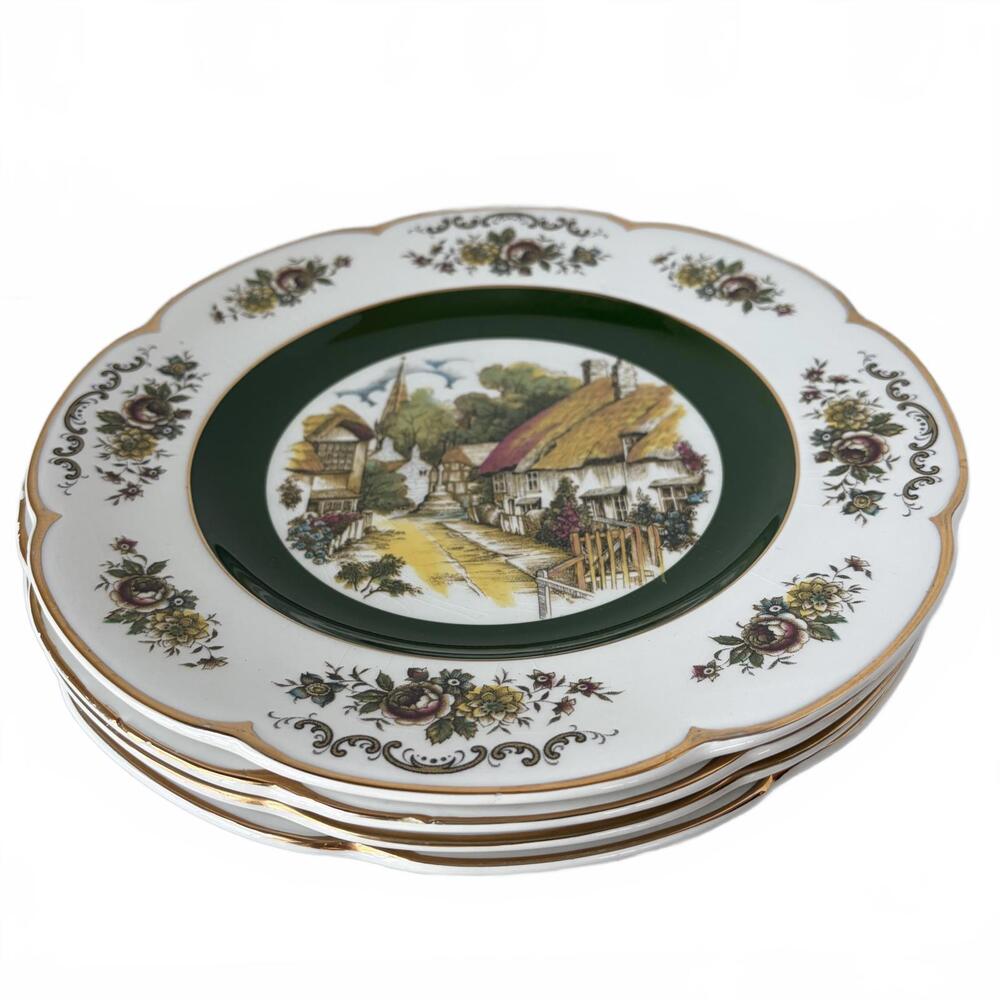 Set of 4 Vintage Wood & Sons "Ascot" scenic village transferware plates.